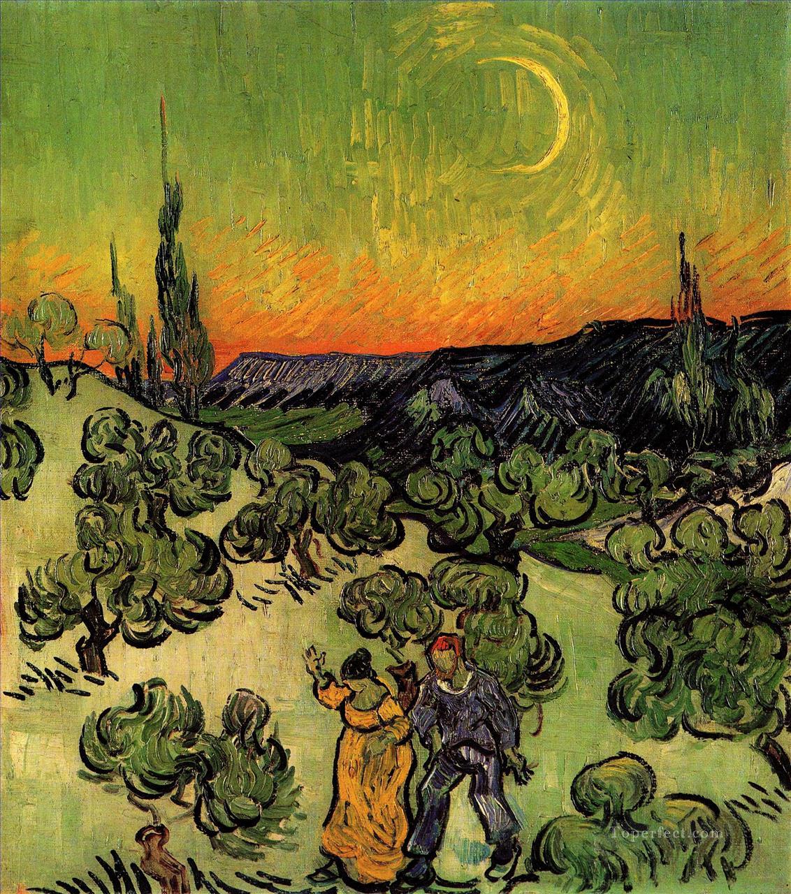 Paisaje con pareja caminando y luna creciente Vincent van Gogh Pintura al óleo